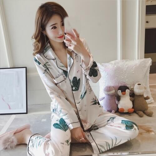 Autumn Winter Silk Stain Women Pyjamas Long-sleeves+Pant Suit Female 2pcs Pajama Set Nightwear Sleepwear Flower Print Nightie