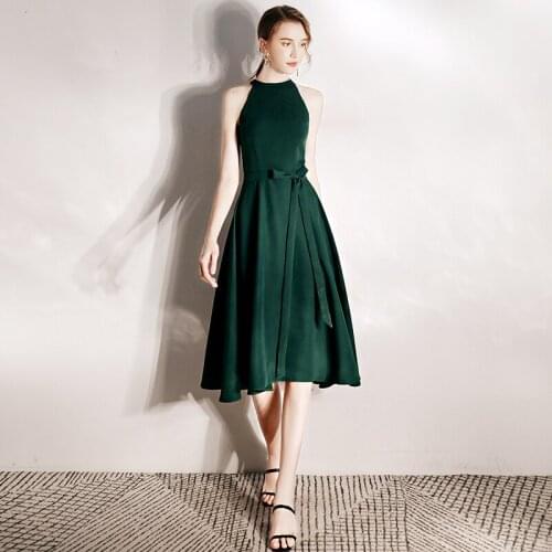Special Occasion Dresses Vintage Halter Sleeveless Luxury Dark Green Backless Bow A-Line Knee-Length Satin Women Prom Gown E999