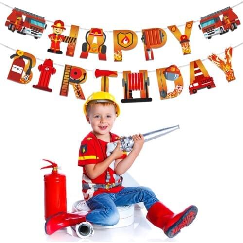 Fireman Theme Happy Birthday Banner Firefighter Fire Engine Garland Bunting for Kids Boys Girl Birthday Party Decorations