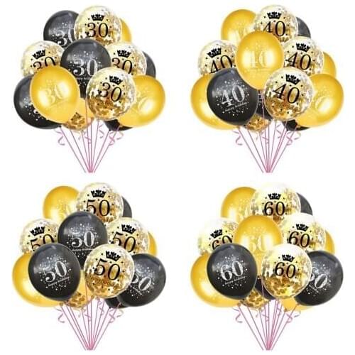 15pcs 12 Inch Black Gold Number Balloons DIY Latex Confetti Ballon Set Adult Mum Dad Grandpa Grandma Birthday Party Garden Decor