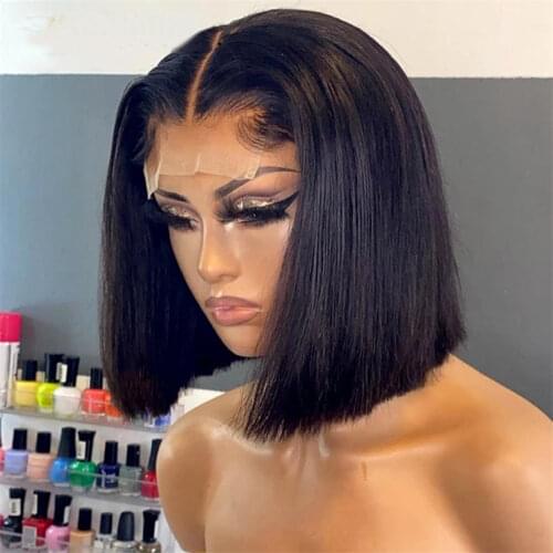 Silky Straight Short Bob Natural Black Lace Front Synthetic Wig For Black Women With Baby Hair Pre Plucked Adjustable Strap