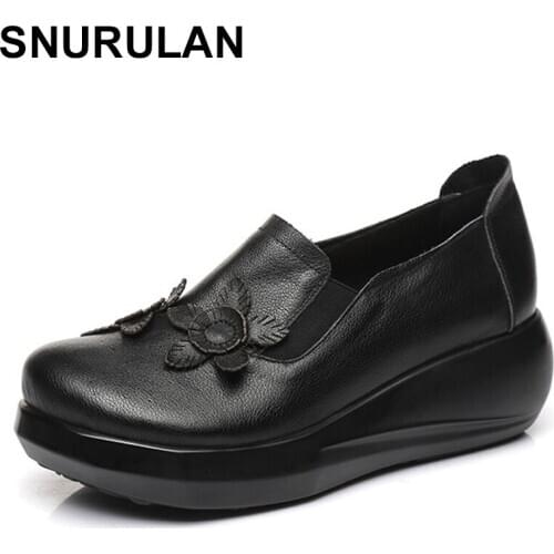 SNURULAN 2020Spring Flowers Retro Women High Heel Wedges Shoes Comfort Casual Fashion Shoes Platform Women Genuine Leather Shoes