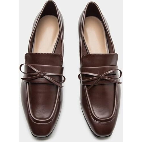 Single Shoe Womens Flat Sole Cow Leather Shoes 2021 Autumn New Versatile Bow Sqauare Toe Loafers Brown Office Dress Shoes Mujer