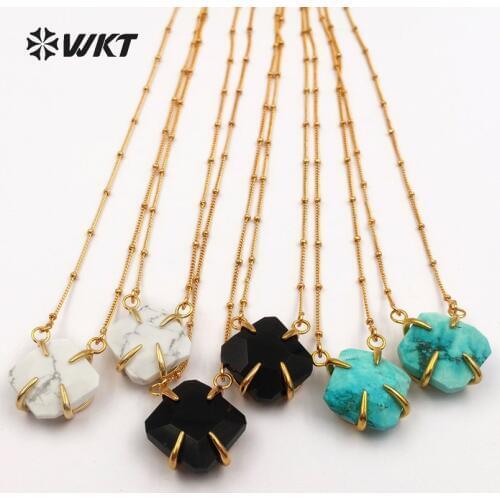 WT-N1134 WKT Wholesale Natural stone jewelry faceted square stone pendant with 18 inch gold metal chain female fashion necklace