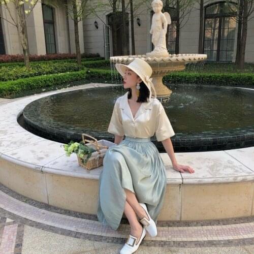 2021 Summer Women Shiny Silky Green Pleated Skirt Mid-length Female High Waist Long Skirt Korean New Woman Solid Color Skirt
