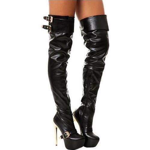 2017 new fashion high quality leather boots pointed toe platform thigh high boots gold heels over the knee boots for woman