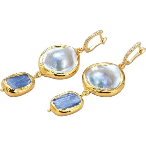 GG Jewelry Natural Cultured White Coin Mabe Blue Kyanite Dangle CZ Gold Color Hook Earrings Women Lady Gifts Jewelry