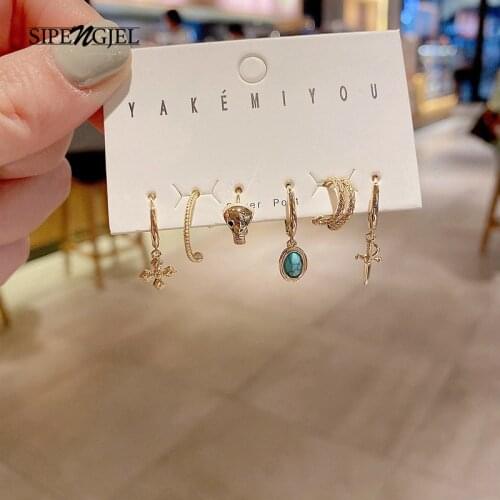 SIPENGJEL New Personality Snake Shape Hoop Earrings Set Geometric Cross Pendant Earrings For Women Party Jewelry 2021