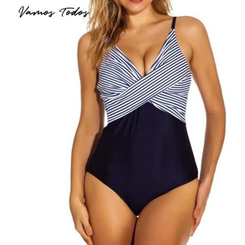 Vamos Todos 2021 Summer VNeck Print Swimming Suit For Women High Waist Tummy Control Vintage Striped Swimsuit One Piece Swimwear