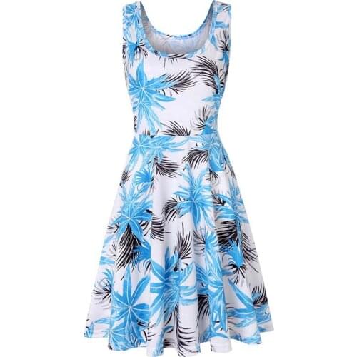Summer Female Vintage Casual Sundress Beach Sleeveless O-neck Pullover Palm Tree Print Knitting Dress