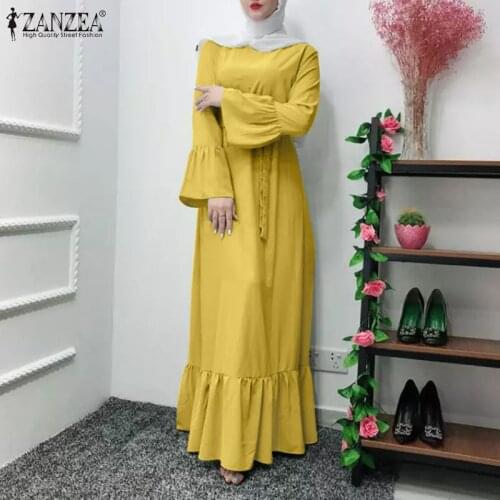Women Spring Bohemian Dress Vintage Long Sleeve Muslim Dresses ZANZEA Retro Maxi Long Dress Casual Abaya Hijab Kaftan Sundress