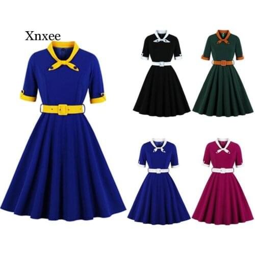 Spring Patchwork Contrast Bow Neck Cuff Vintage Belted Dress Half Sleeve Summer Women Fashion Fit Flare50S Retro Swing Dresses