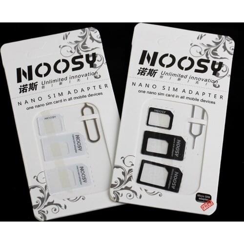 1000sets/lot Good Quality 4in1 Noosy Nano Sim Card Adapter + Micro Sim Cards Adapter+ Standard SIM Card Adapter for Phone