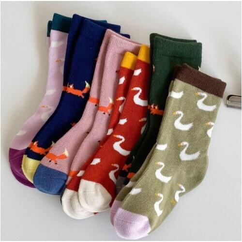 6 Pairs/lot Baby Socks Korean Fashion Kawaii Cartoon Fox Swan Design Cotton Toddler Kids Socks Children Boy Girl Spring Socks