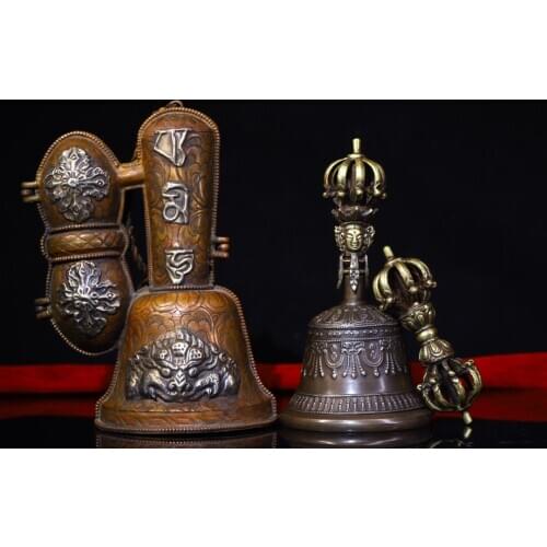 8" Tibet Buddhism Old Bronze Three-faced Buddha Head Old rattle Vajra set Bells Dorje Vajra Phurpa Exorcism Town House