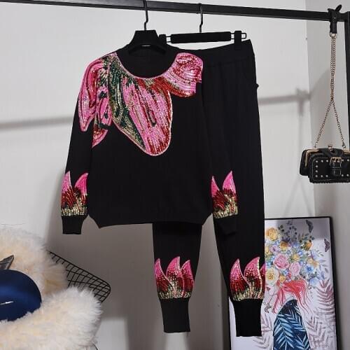 Black Knitted Tracksuit Outfits Women Sequin Long sleeve Pullover Sweater Pencil Pants 2 Piece Set Loose Sports Knit Suit Female