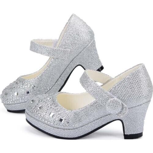 Children Princess Shoes for Girls Sandals High Heel Glitter Shiny Rhinestone Enfants Fille Female Party Dress Shoes