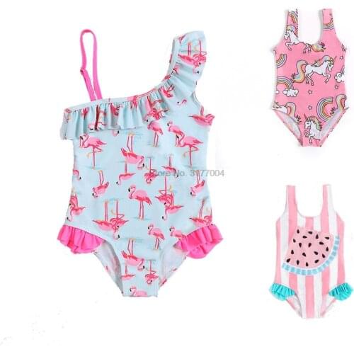 DHL 100pcs Baby Girls Flamingos/Watermelon Swimsuits Cute Print One-Pieces Swim Suit Girl Swimming Clothes Kids 5 Size Bodysuit