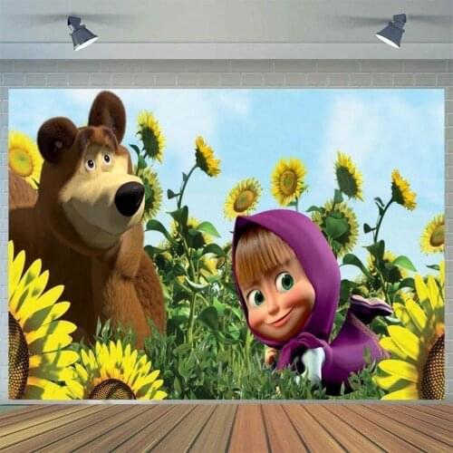 Spring Sunflower Field Bear and Little Girl Background Childrens Birthday Party Decoration Photography Studio Photo Backdrop