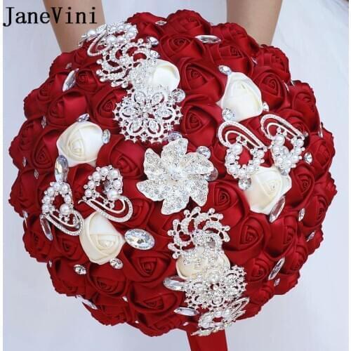 JaneVini 30cm Big Crystal Wedding Bouquet Burgundy Bridal Large Bouquet Rose Fleur Artificielle Beaded Satin Flower Bouquet 2021