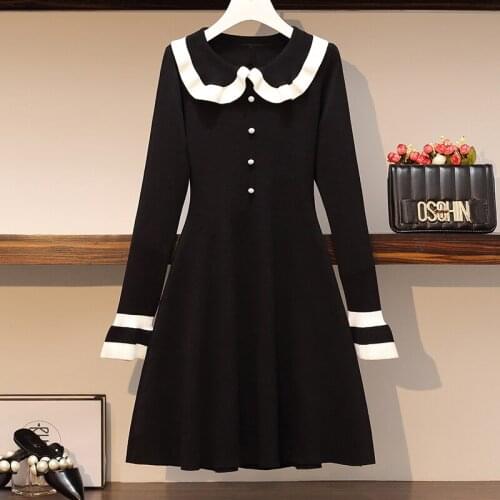 JSXDHK Autumn Winter Peter Pan Collar Sweater Dress Sweet Fashion Women Black White Striped Button Knitted Plus Size Dress L-5XL