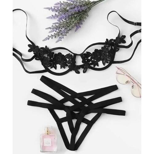 Embroidered Lace Underwire Bra Lingerie Set Sexy Womens Underwear Hollow Out Bra Erotic Lingerie Sexy Bandage G string Set S-XL