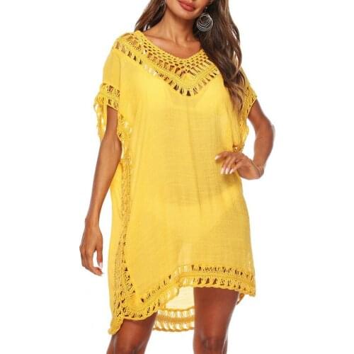 70% Hot Sell Loose Sexy Bikini Cover Up Women Bat Short Sleeve Hollow Out V Neck Cover Up Dress for Beach
