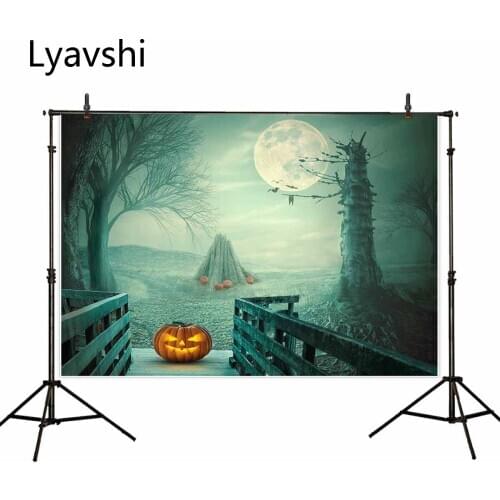 Lyavshi halloween dead trees wooden bridge pumpkin bats full moon night backdrop photocall background photography Studio Props