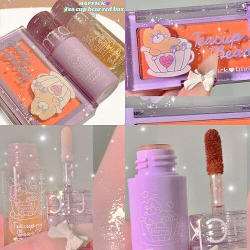 MAFFICK 3-1 Makeup Lip Glaze Blush Lip Gloss Set Lipstick Long-lasting Moisturizing Natural Rouge Cheek Blusher Peach Contouring