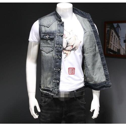 Motorcycle Stand Collar Denim Vest Men Fashion Plus Size 4XL Biker Slim Single Breasted Waistcoat Sleeveless Jacket Male
