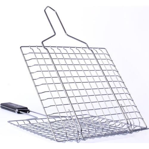 Stainless Steel Barbecue Net Grilled Fish Clip High Temperature Resistance Wooden Handle Thickened Bold Plating Toast Clamp h4