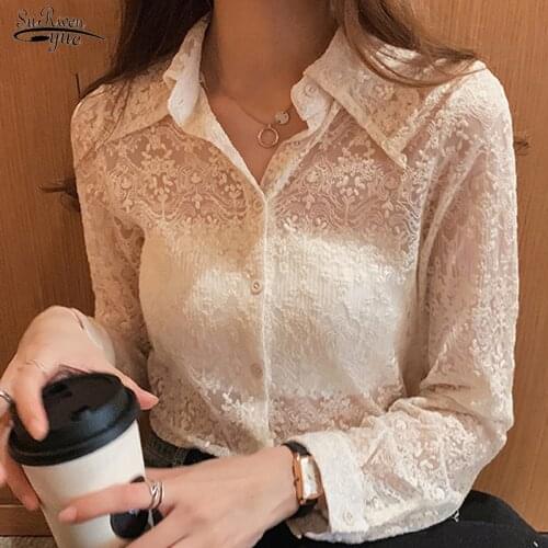 2021 Spring New Fashion Lace Blouse Plus Size Floral White Blouse Lace Bottoming Shirt Office Lady Long Sleeve Korean Tops 13125