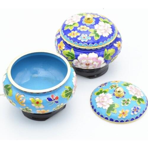 Beijing Cloisonne Blue Jewelry Silk Peony Ruyi Cans Jewelry Box