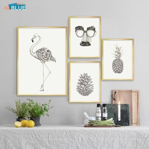 Nordic Minimalist Style Pineapple Flamingo Posters And Prints Black White Wall Art Canvas Painting Wall Pictures For Living Room