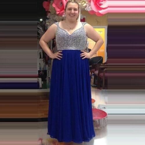 Plus Size Prom Dresses Royal Blue Beaded Sequin Top Open Back V-Neck A-line Birthday Party Gowns rochii elegante