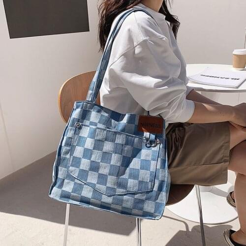 Luxury Handbags Summer 2021 New Fashion Plaid Canvas Shoulder Bags Casual Tote Bag for Women Shopper Shoulder Japan and Korea