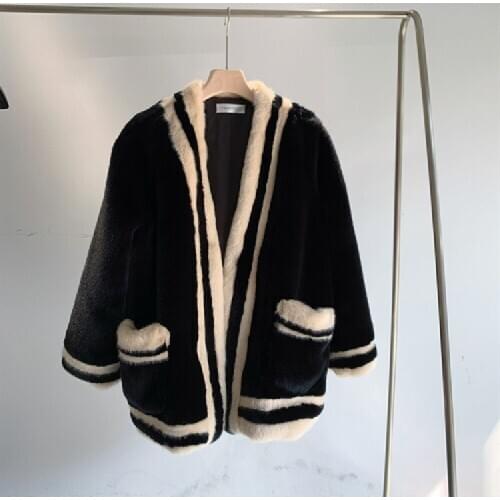 Cute mink fur medium length warm winter coat faux fur mink coat double color design student style
