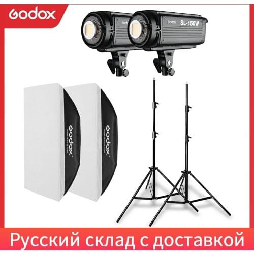 2PCS Godox SL-150W 150Ws 5600K Studio LED Continuous Photo Video Light + 2pcs 2.8m Light Stand + 2pcs 70x100cm Softbox