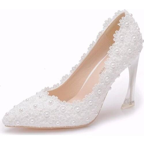 Fashion women thin high heels sexy party shoes women pumps wedding banquet Lace PU Rhinestones Slip On 9.5CM Pointed Toe white