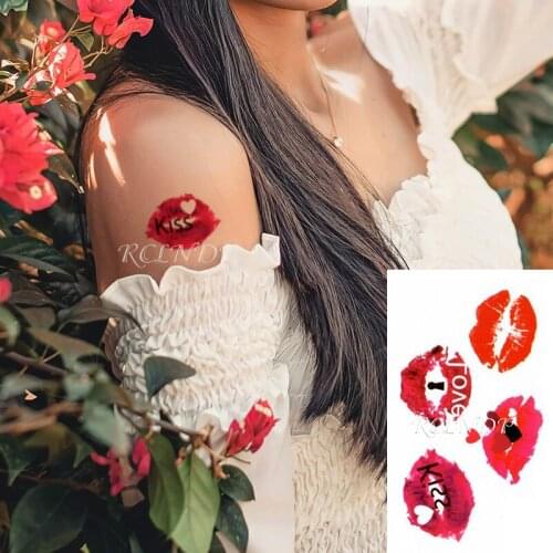 Waterproof Temporary Tattoo Sticker Red Mouth Kiss Words Heart Pattern Body Art Fake Tatto Flash Tatoofor Girl Men Women