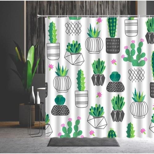 Tropical Plants Shower Curtains Green Cartoons Cactus Printing Pattern Bathtub Decorative Hanging Curtain Multiple Size