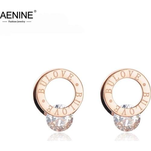 AENINE Titanium Steel CZ Crystal Circle Stud Earrings Rose Gold BeLoved Wedding Engagement Earrings For Women Kolczyki AE17048