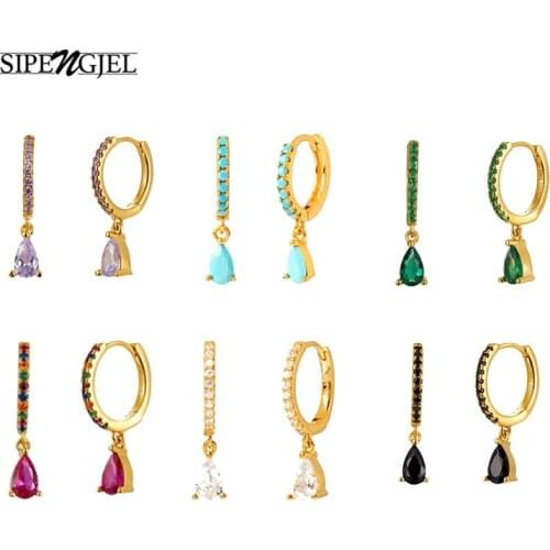 SIPENGJEL Gold Color Ear Buck Drop Hoop Earrings Rainbow Crystal Water Drop Prevent Allergy Hugging Earrings For Women Jewelry