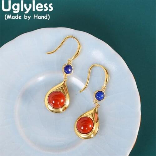 Uglyless Exotic Water Drop Earrings for Women Nature Agate Lapis Earrings Fashion Gold Brincos 925 Sterling Silver Dress Jewelry