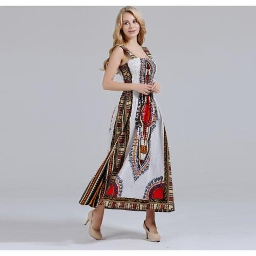 2019 Fashion African Womens Spaghetti Strap White 100% Cotton Dresses Casual Fashion Dashiki Printed For Ladies Clothing