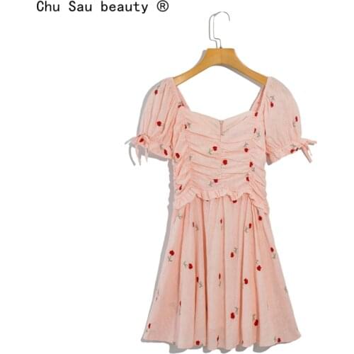2021 Summer New French Sweet Dress Square Collar Pink Floral Embroidery Hollow Ruffle Puff Sleeve Female Dress Fashion