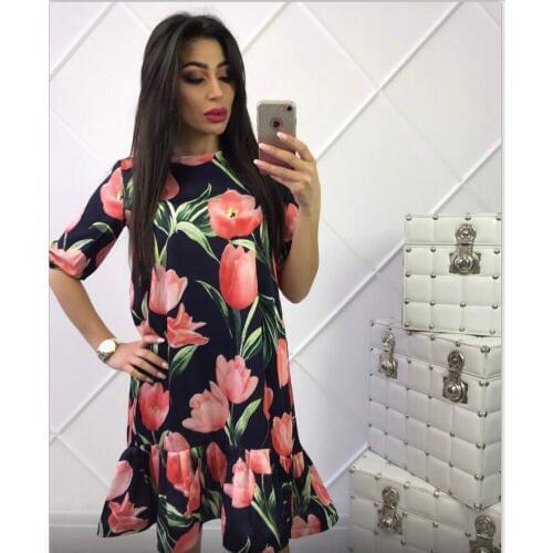 BYUAN 2018 Summer Elegant Dress Women Flower Printed Dress For Women Knee-Length Ruffle Floral Dress Ladies Dresses 7 Colors