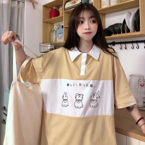 2020 Womens T-shirts Tops Japanese Kawaii Ulzzang Lazy College Cat Print Loose T-shirt Female Korean Harajuku Clothes For Women