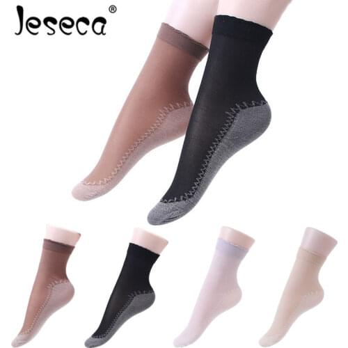 Jeseca New 5 Pairs/Lot Silk Socks Summer Women Soft Casual Non-Slip Cotton Bottom Fashion Transparent Ladies Thin Silk Socks