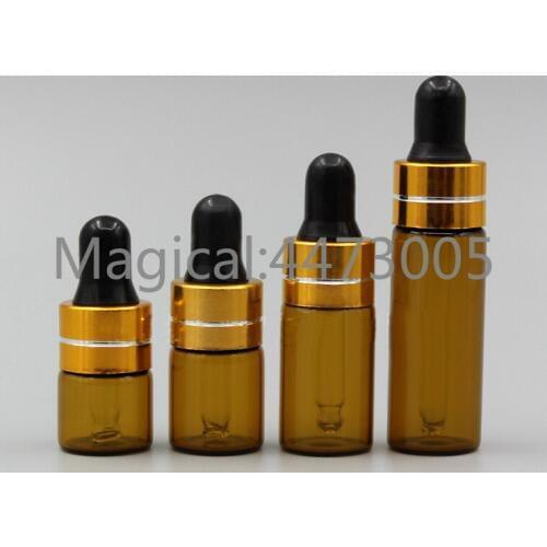 50/100/200pcs 1ml 2ml 3ml 5ml Perfume Essential Oil Bottles brown Glass Dropper Bottle Jars With Pipette gold ring black head